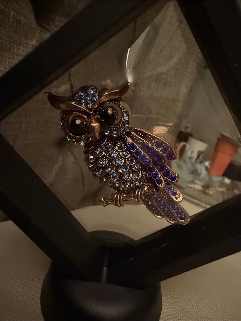 Rhinestone Owl Brooch with Blue Crystals - Picture 2 of 5